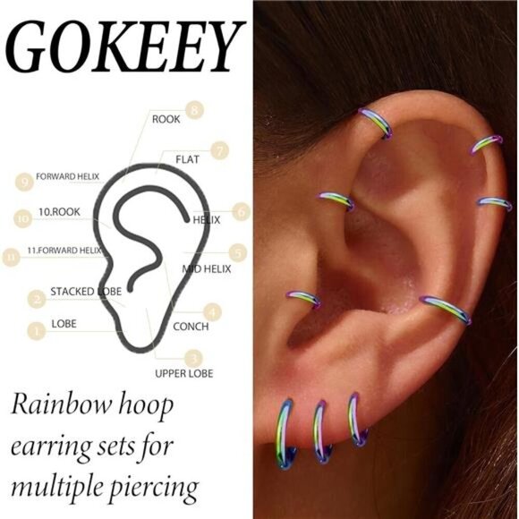 5 Pairs Small Rainbow Hoop Earrings Unisex Hypoallergenic 316L Stainless Steel - Picture 5 of 7